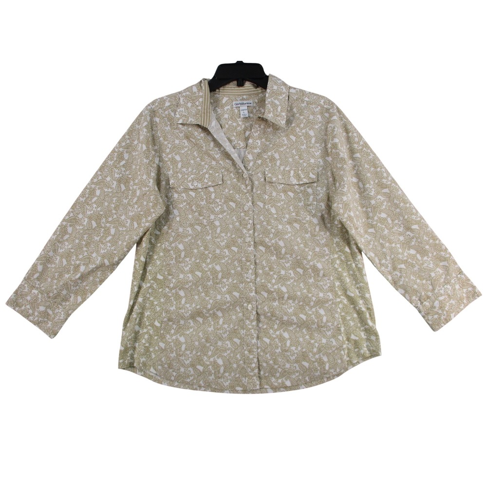Croft & Barrow Womens Tan Paisley Stretch Button Down Shirt Large Long Sleeve